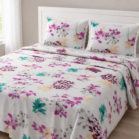 AD36 | Premium Floral Cotton Bedsheet with Muslin Dohar Set