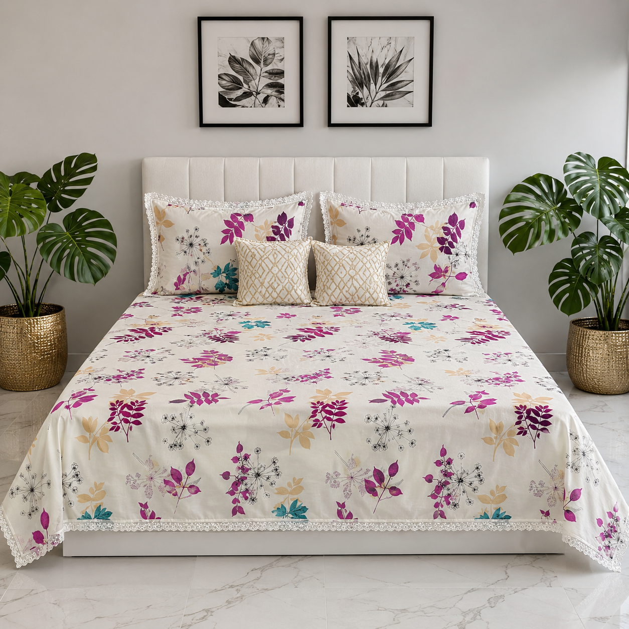 AD36 | Premium Floral Cotton Bedsheet with Muslin Dohar Set