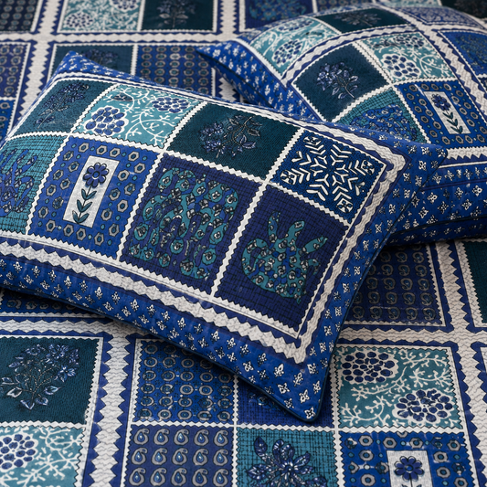 AD37 Premium Cotton Double Bedsheet with 2 Pillow Covers | Blue Patchwork Floral Print | Soft & Breathable