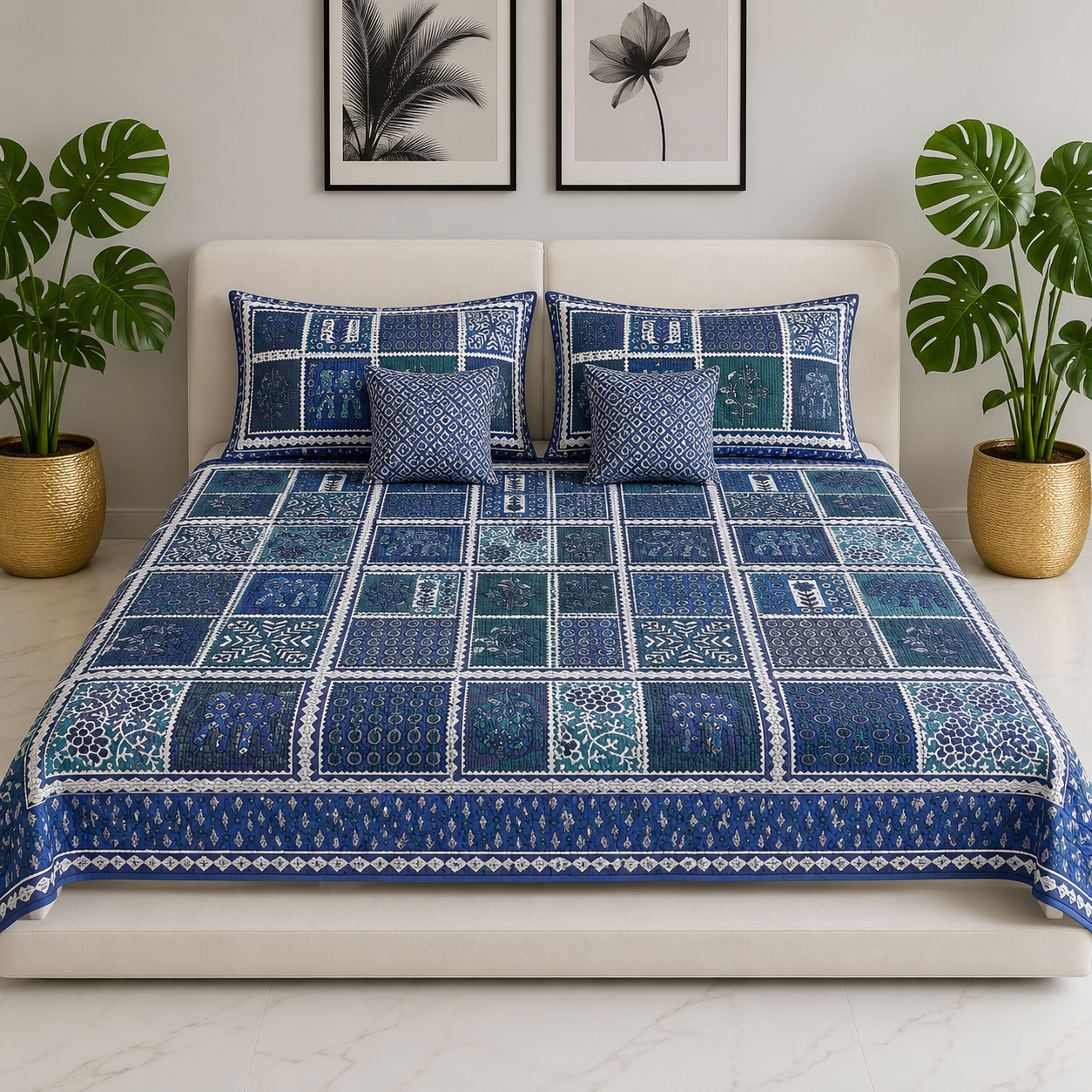 AD37 Premium Cotton Double Bedsheet with 2 Pillow Covers | Blue Patchwork Floral Print | Soft & Breathable
