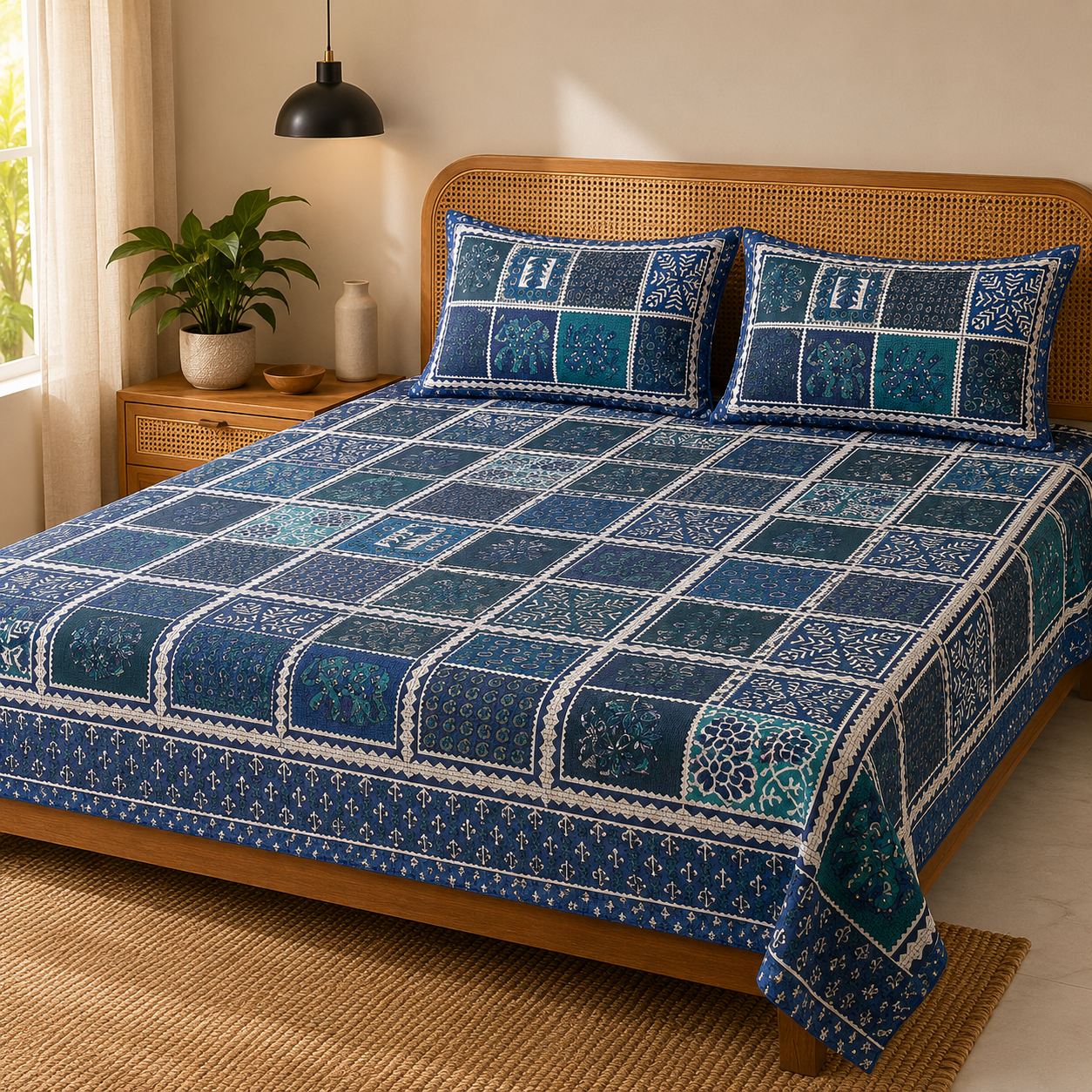 AD37 Premium Cotton Double Bedsheet with 2 Pillow Covers | Blue Patchwork Floral Print | Soft & Breathable