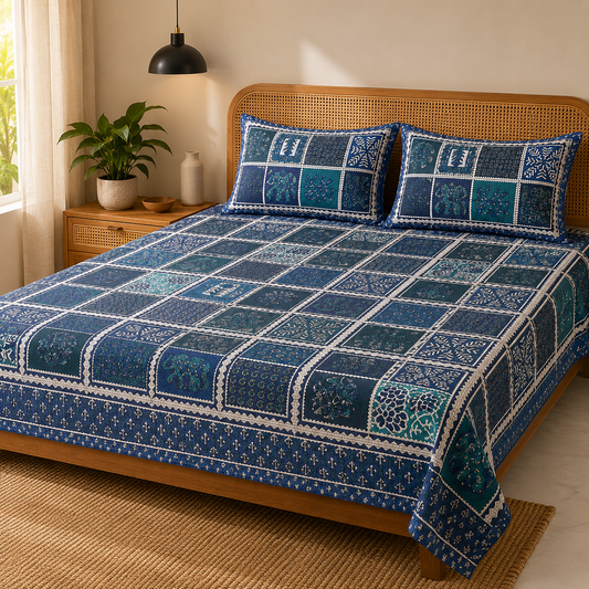 AD37 Premium Cotton Double Bedsheet with 2 Pillow Covers | Blue Patchwork Floral Print | Soft & Breathable