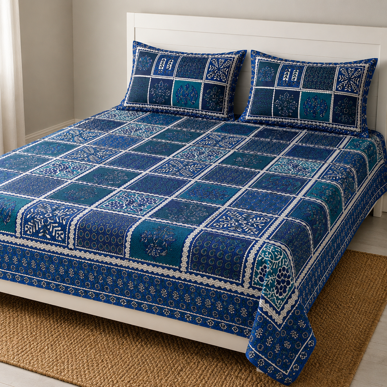 AD37 Premium Cotton Double Bedsheet with 2 Pillow Covers | Blue Patchwork Floral Print | Soft & Breathable