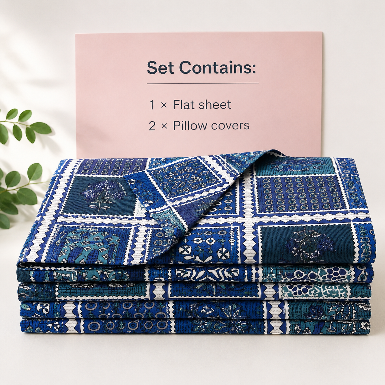 AD37 Premium Cotton Double Bedsheet with 2 Pillow Covers | Blue Patchwork Floral Print | Soft & Breathable