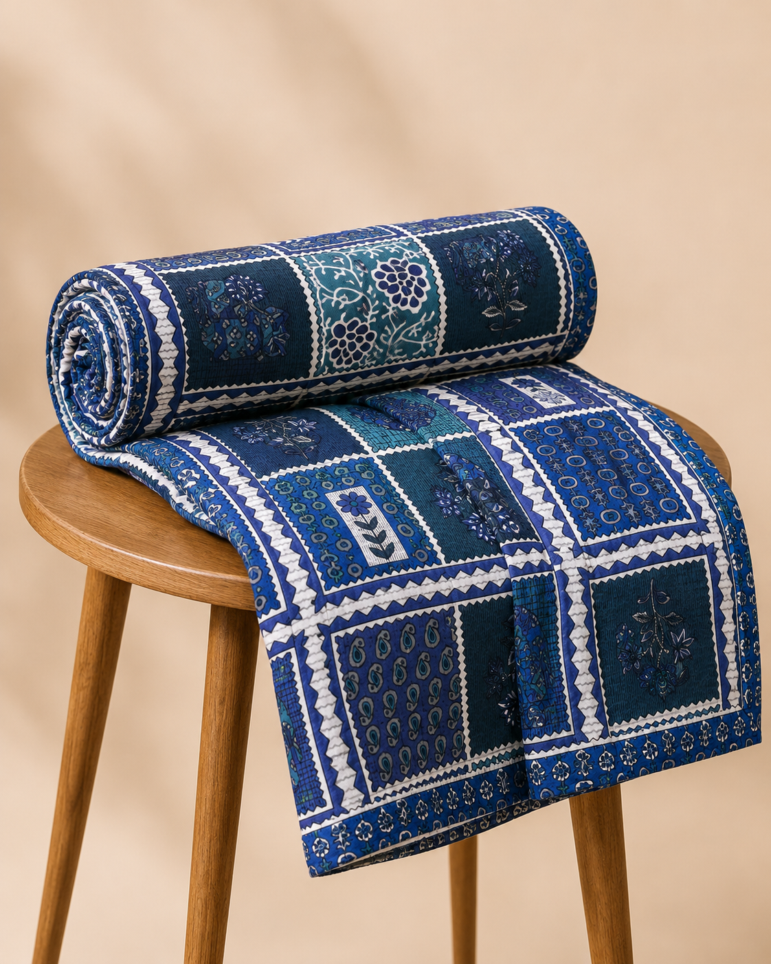 AD37 Premium Cotton Double Bedsheet with 2 Pillow Covers | Blue Patchwork Floral Print | Soft & Breathable