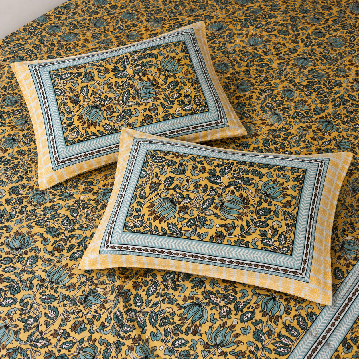 AD38 | Premium Cotton King Size Bedsheet with 2 Pillow Covers | Mustard Yellow Floral Print | Soft & Breathable