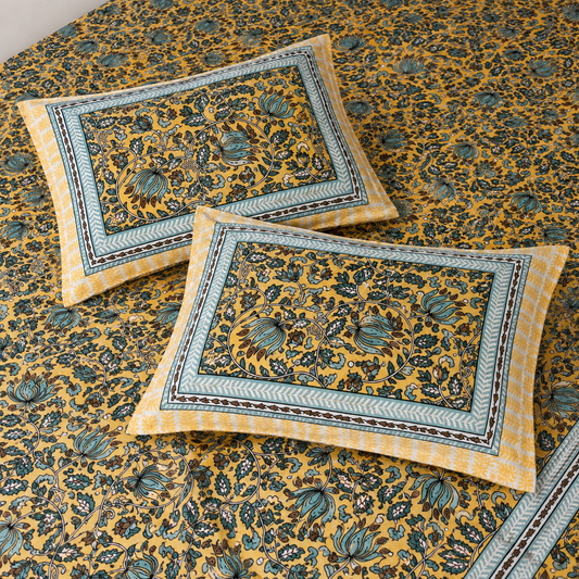AD38 | Premium Cotton King Size Bedsheet with 2 Pillow Covers | Mustard Yellow Floral Print | Soft & Breathable