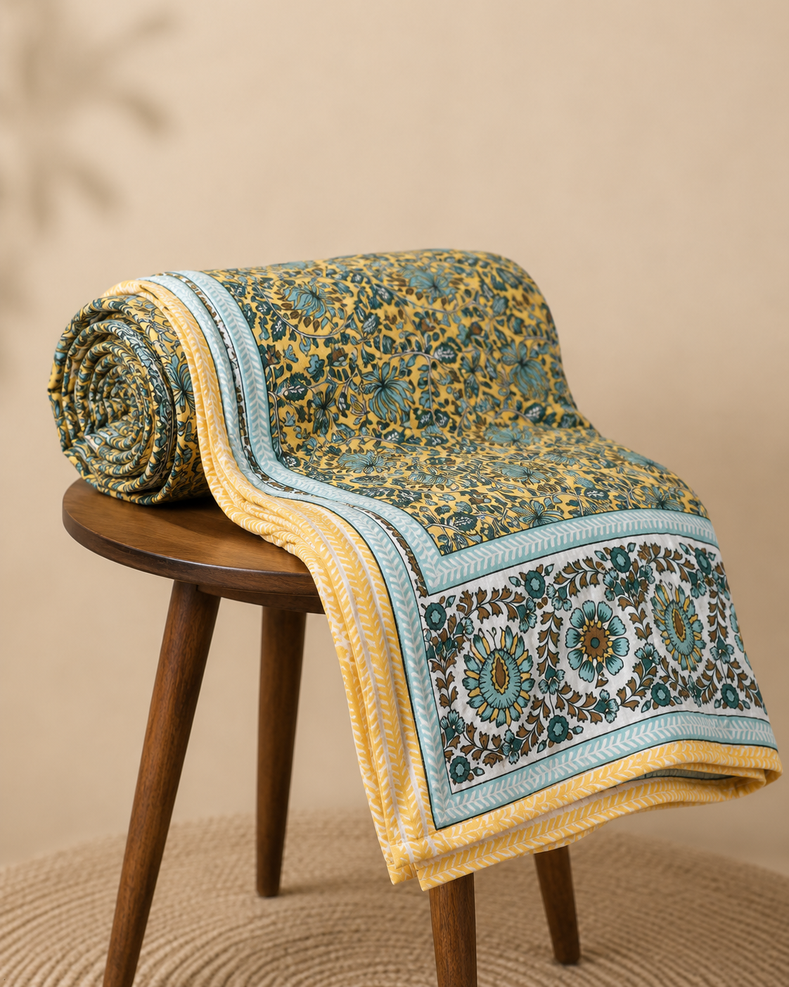 AD38 | Premium Cotton King Size Bedsheet with 2 Pillow Covers | Mustard Yellow Floral Print | Soft & Breathable