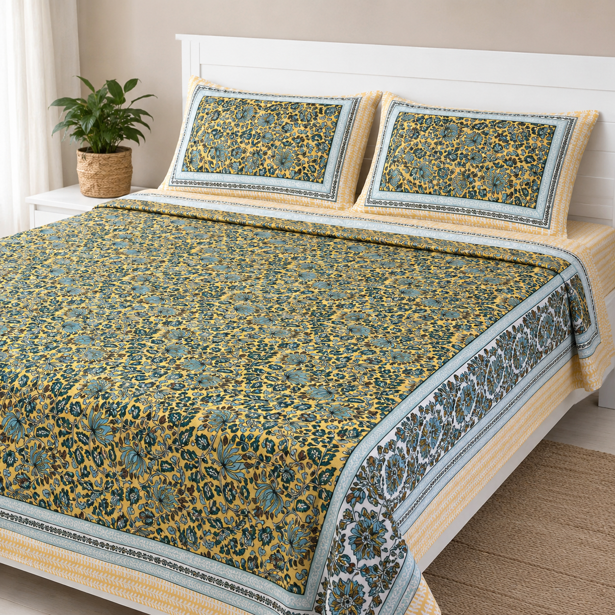 AD38 | Premium Cotton King Size Bedsheet with 2 Pillow Covers | Mustard Yellow Floral Print | Soft & Breathable