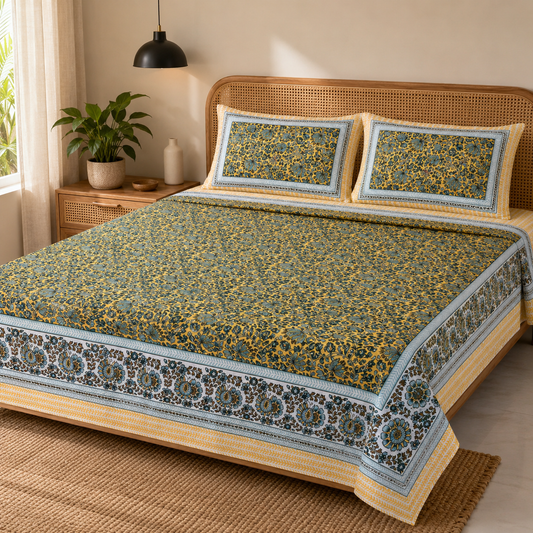 AD38 | Premium Cotton King Size Bedsheet with 2 Pillow Covers | Mustard Yellow Floral Print | Soft & Breathable