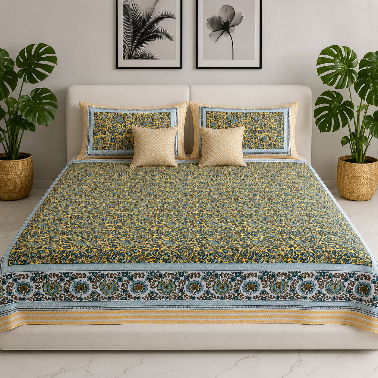 AD38 | Premium Cotton King Size Bedsheet with 2 Pillow Covers | Mustard Yellow Floral Print | Soft & Breathable
