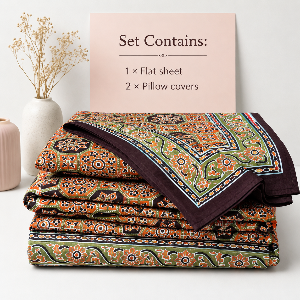 AD39 Premium Cotton King Size Bedsheet with 2 Pillow Covers | Rustic Orange Geometric Print | Soft & Breathable