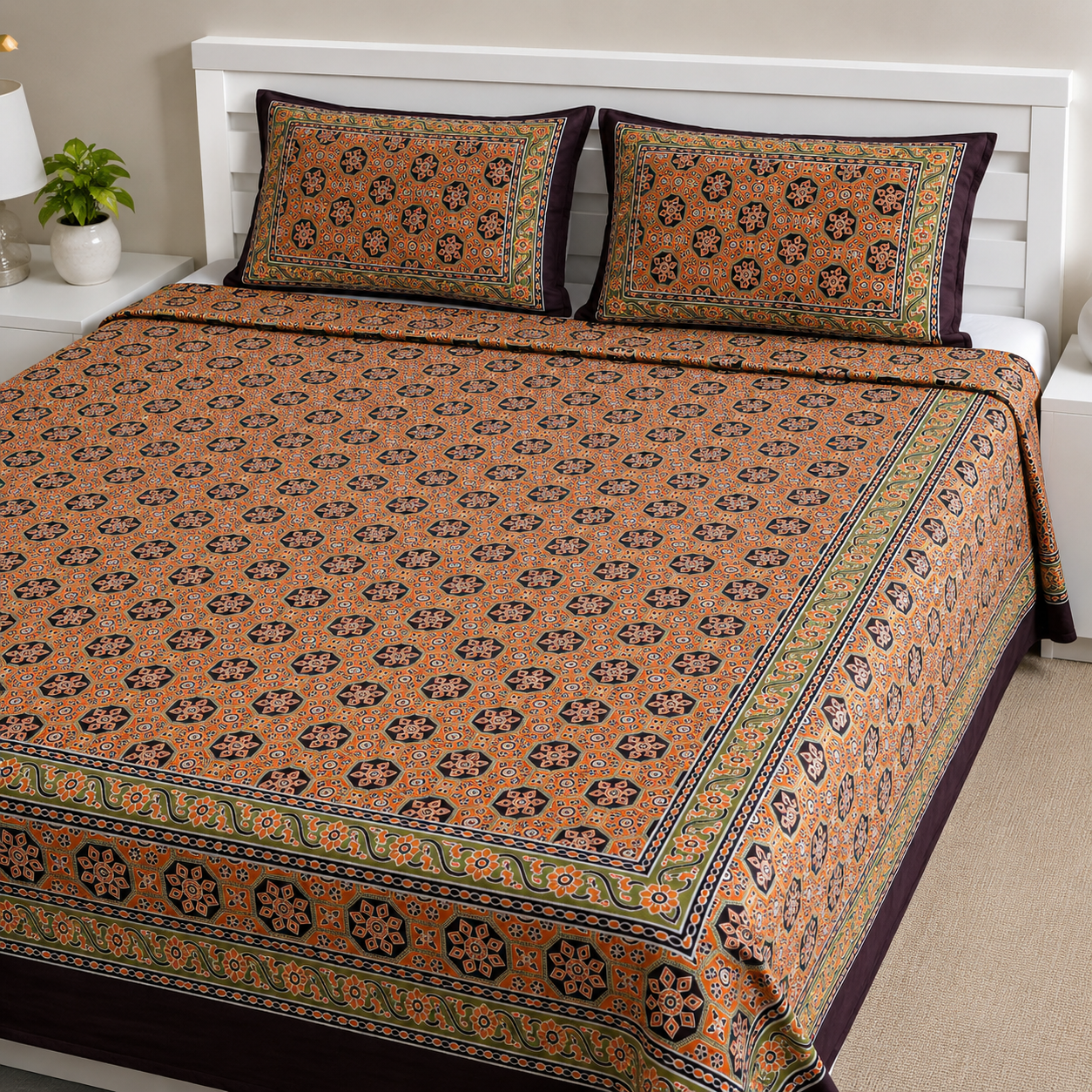 AD39 Premium Cotton King Size Bedsheet with 2 Pillow Covers | Rustic Orange Geometric Print | Soft & Breathable