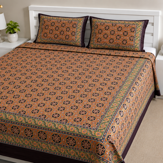 AD39 Premium Cotton King Size Bedsheet with 2 Pillow Covers | Rustic Orange Geometric Print | Soft & Breathable
