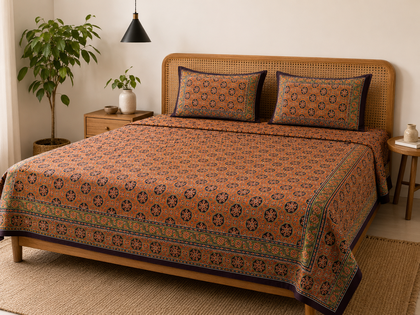 AD39 Premium Cotton King Size Bedsheet with 2 Pillow Covers | Rustic Orange Geometric Print | Soft & Breathable