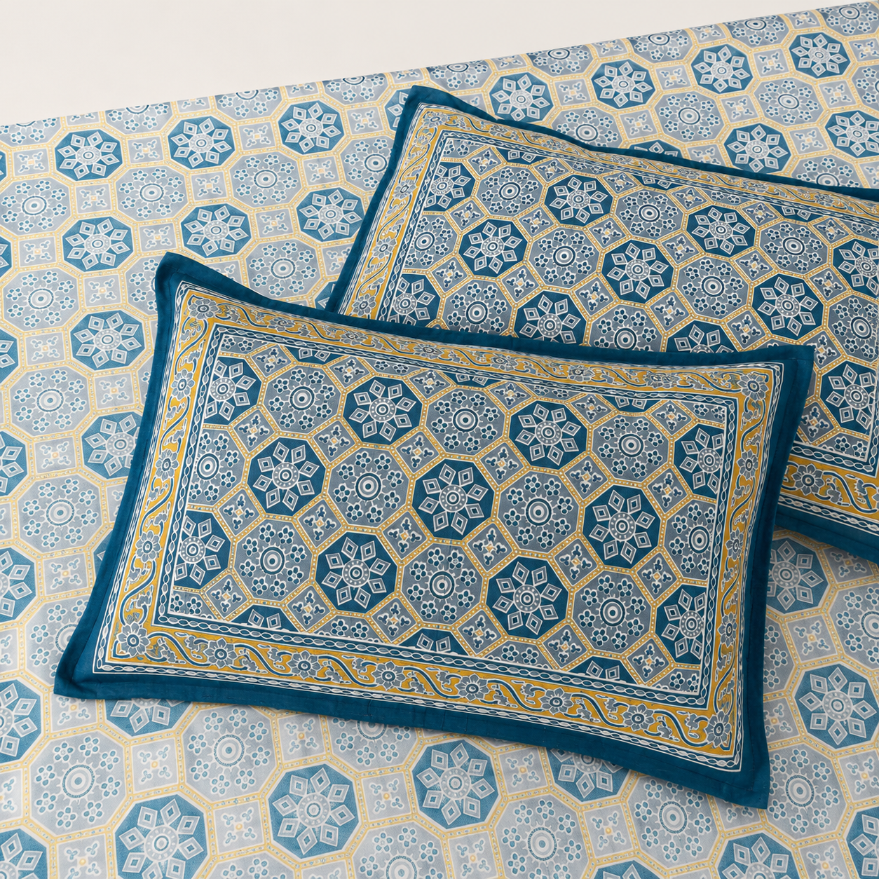 AD40 Premium Cotton King Size Bedsheet with 2 Pillow Covers | Blue Geometric Heritage Print | Soft & Breathable Cotton