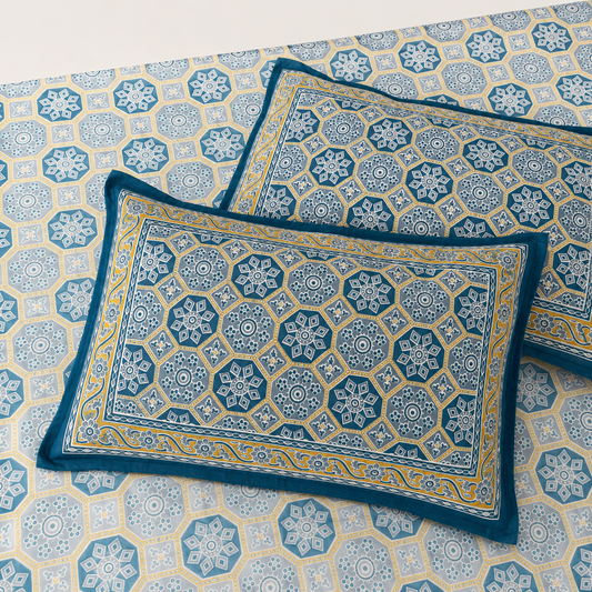 AD40 Premium Cotton King Size Bedsheet with 2 Pillow Covers | Blue Geometric Heritage Print | Soft & Breathable Cotton