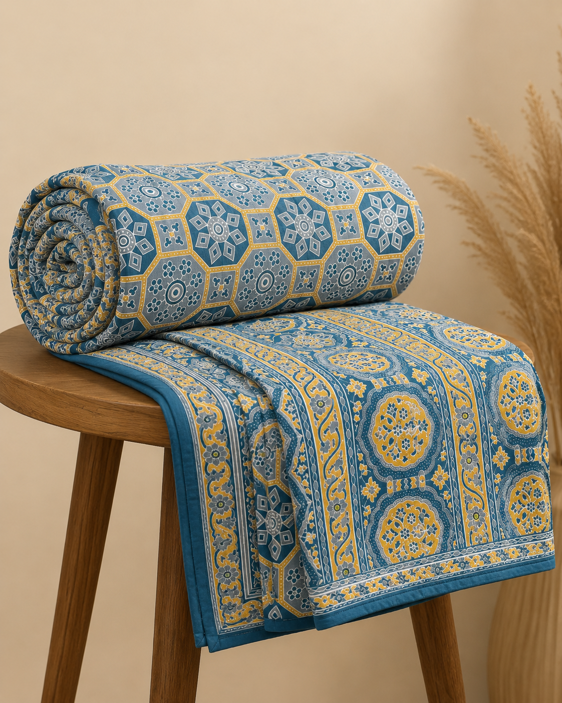 AD40 Premium Cotton King Size Bedsheet with 2 Pillow Covers | Blue Geometric Heritage Print | Soft & Breathable Cotton