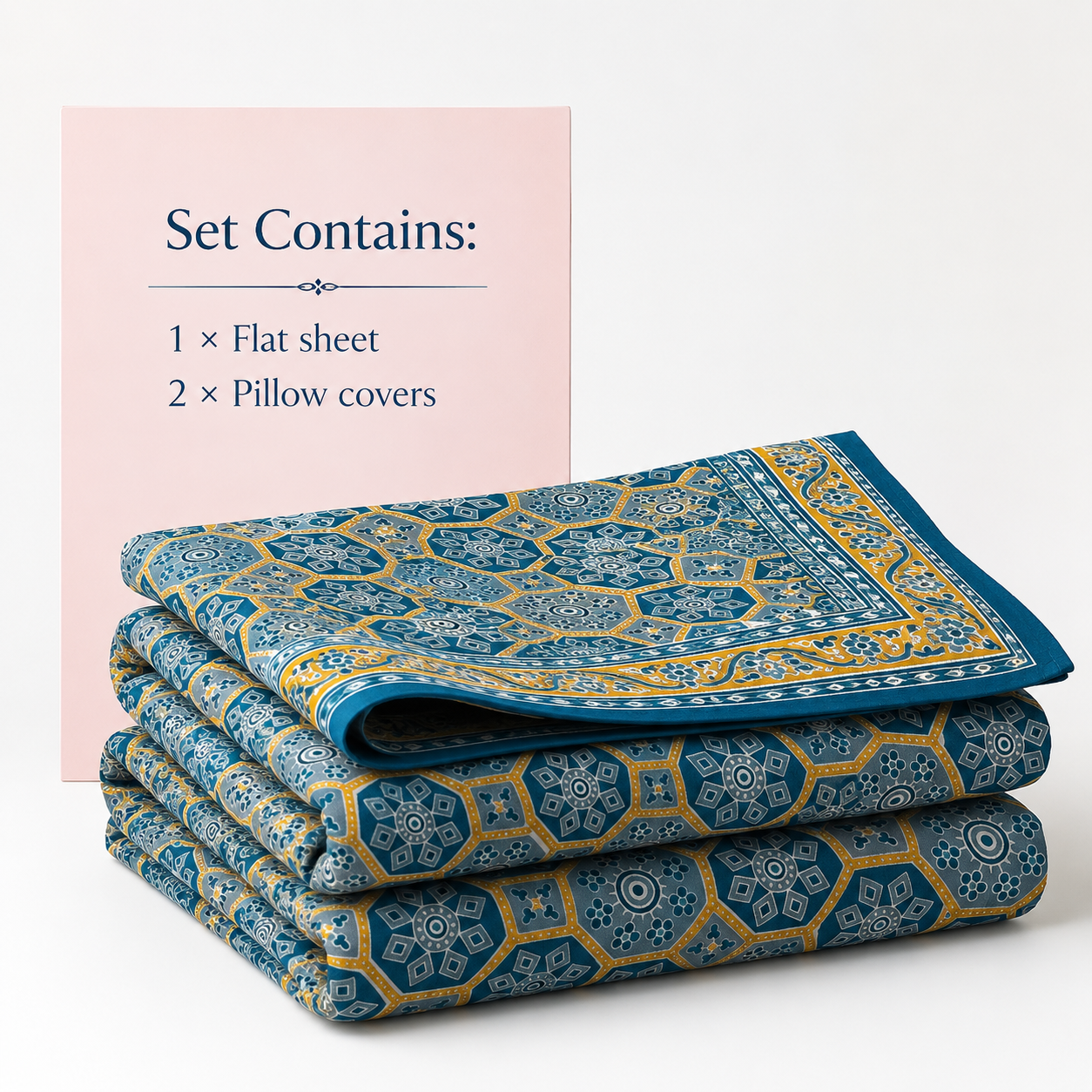 AD40 Premium Cotton King Size Bedsheet with 2 Pillow Covers | Blue Geometric Heritage Print | Soft & Breathable Cotton