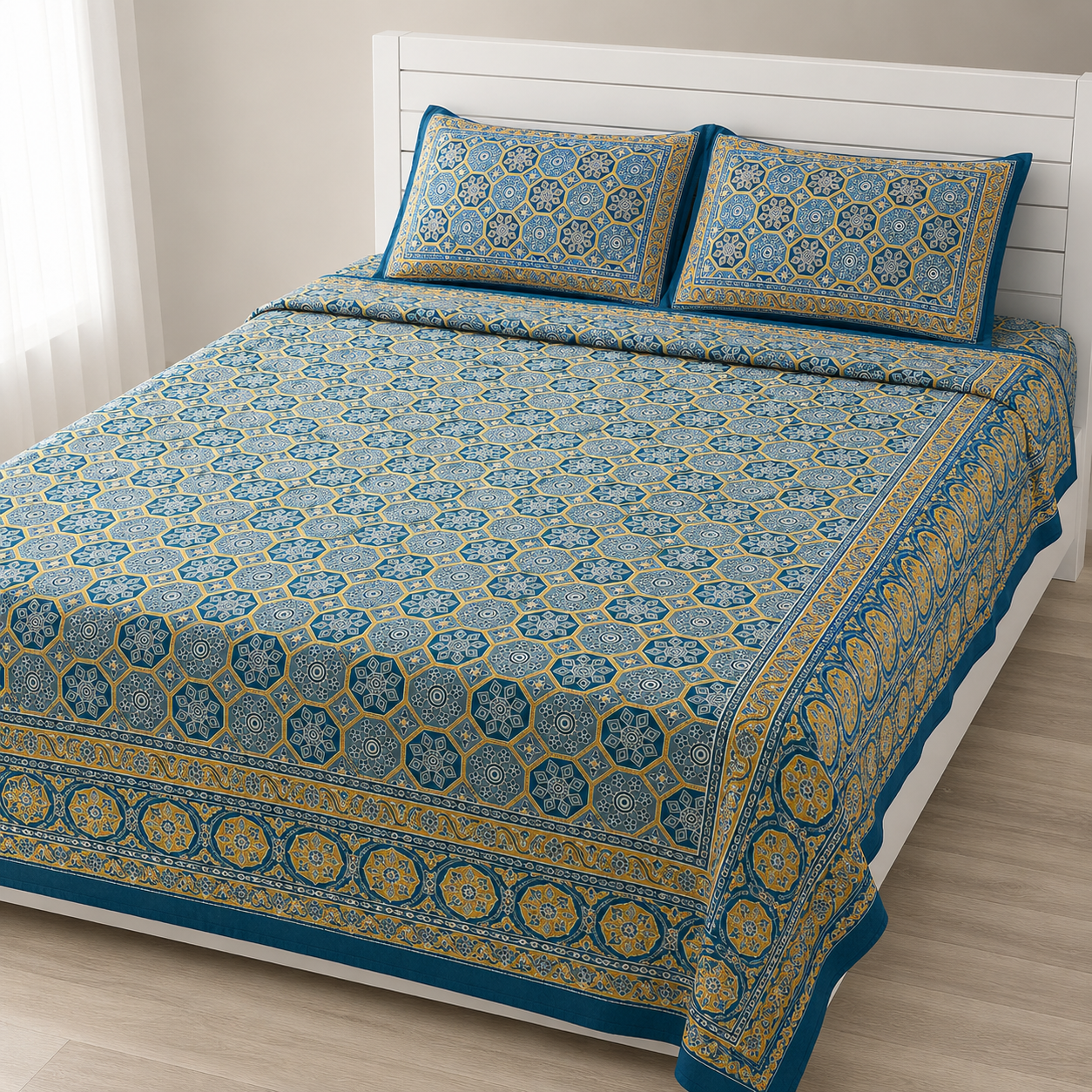 AD40 Premium Cotton King Size Bedsheet with 2 Pillow Covers | Blue Geometric Heritage Print | Soft & Breathable Cotton