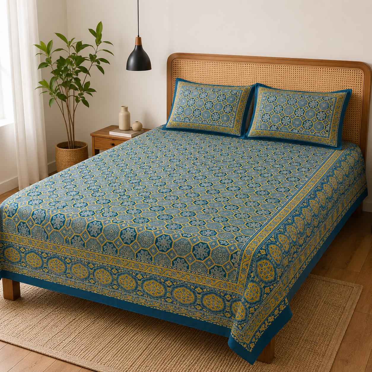 AD40 Premium Cotton King Size Bedsheet with 2 Pillow Covers | Blue Geometric Heritage Print | Soft & Breathable Cotton