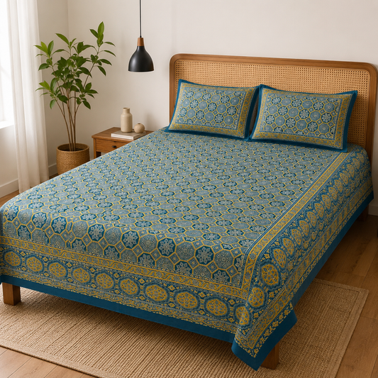 AD40 Premium Cotton King Size Bedsheet with 2 Pillow Covers | Blue Geometric Heritage Print | Soft & Breathable Cotton