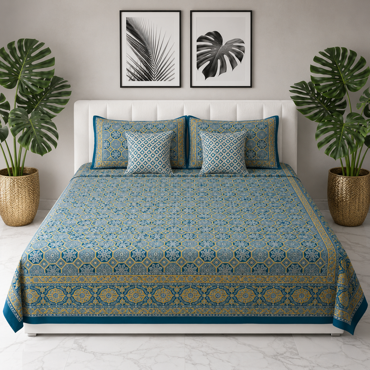 AD40 Premium Cotton King Size Bedsheet with 2 Pillow Covers | Blue Geometric Heritage Print | Soft & Breathable Cotton