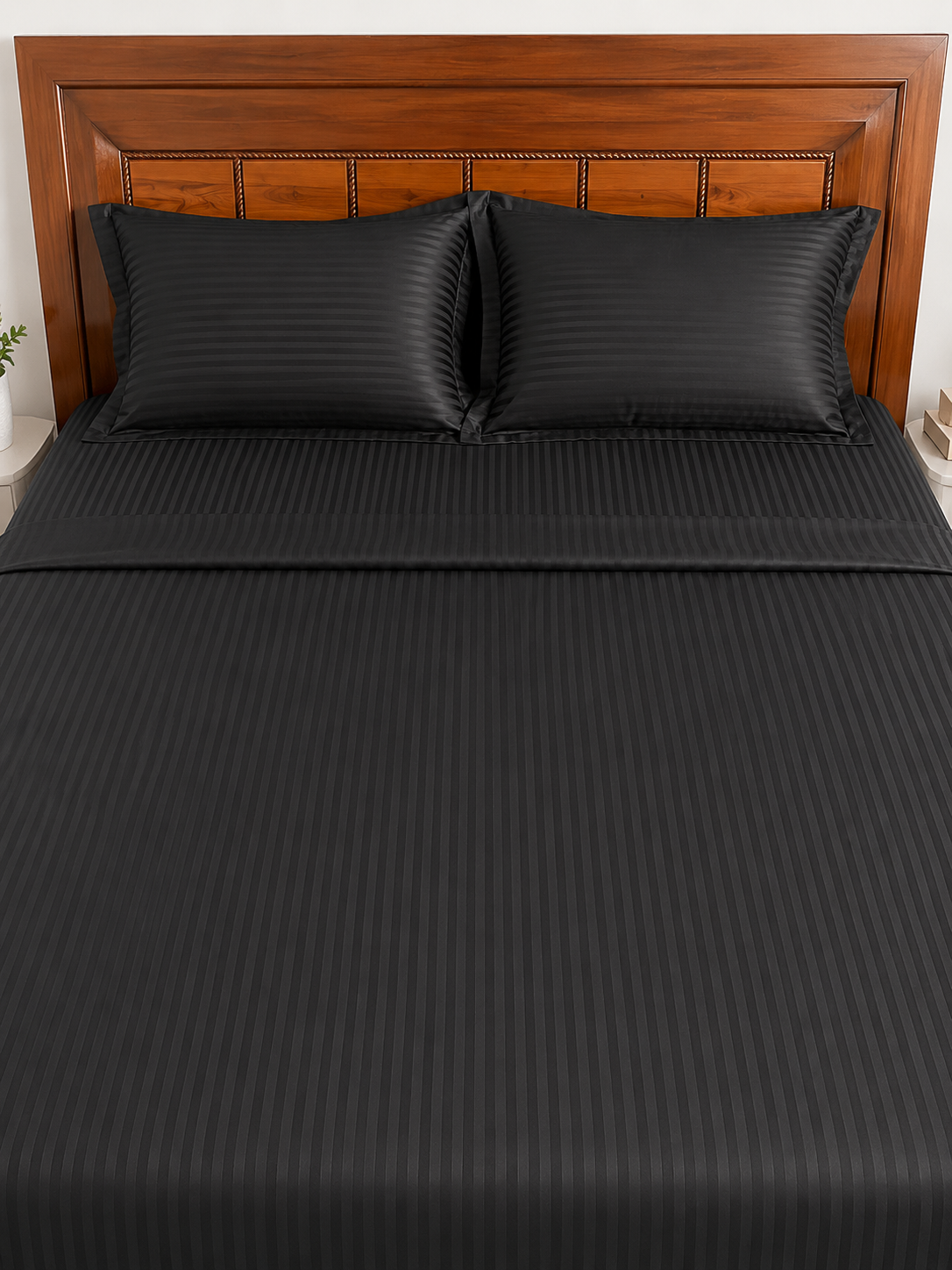 Black Striped 100% Cotton King Bedsheet Set | 300 TC | AD9