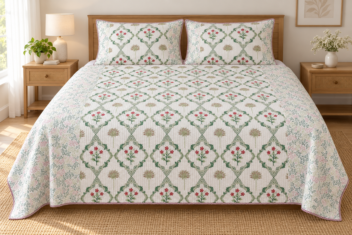 ADB10 – Quilted Cotton Bed Cover with 2 Matching Pillow Covers
