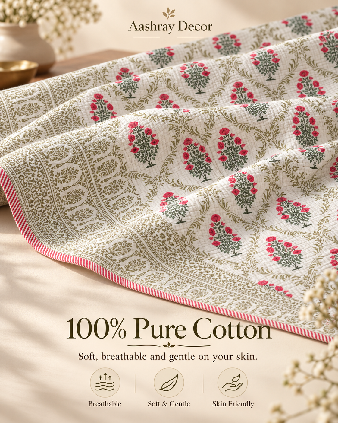 ADB6 – Quilted Cotton Bed Cover with 2 Matching Pillow Covers