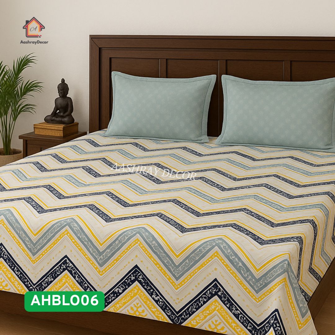 100% Cotton Printed King Size Bedsheet | Pastel Zigzag Stripes | Contrast Pista Green Pillow Covers | 275x275 cm | Elegant & Soft Finish
