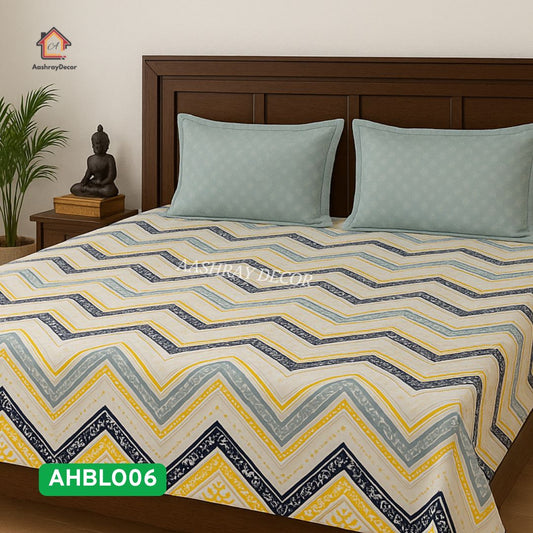 100% Cotton Printed King Size Bedsheet | Pastel Zigzag Stripes | Contrast Pista Green Pillow Covers | 275x275 cm | Elegant & Soft Finish