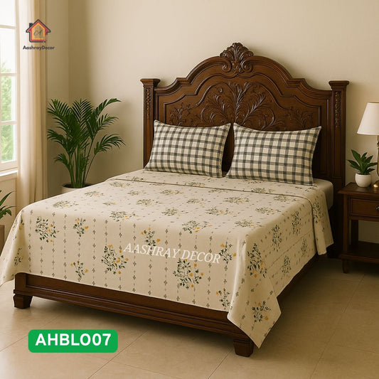 King Size Cotton Printed Bedsheet | Off-White Base with Small Floral Design | Contrast Pillow Covers | Elegant & Soft Finish