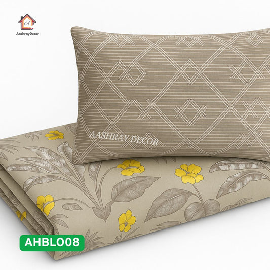King Size 100% Pure Cotton Bedsheet | Beige & Yellow Tropical Floral Print | 275x275 cm | AHBLO08 | Soft & Breathable | 2 Pillow Covers