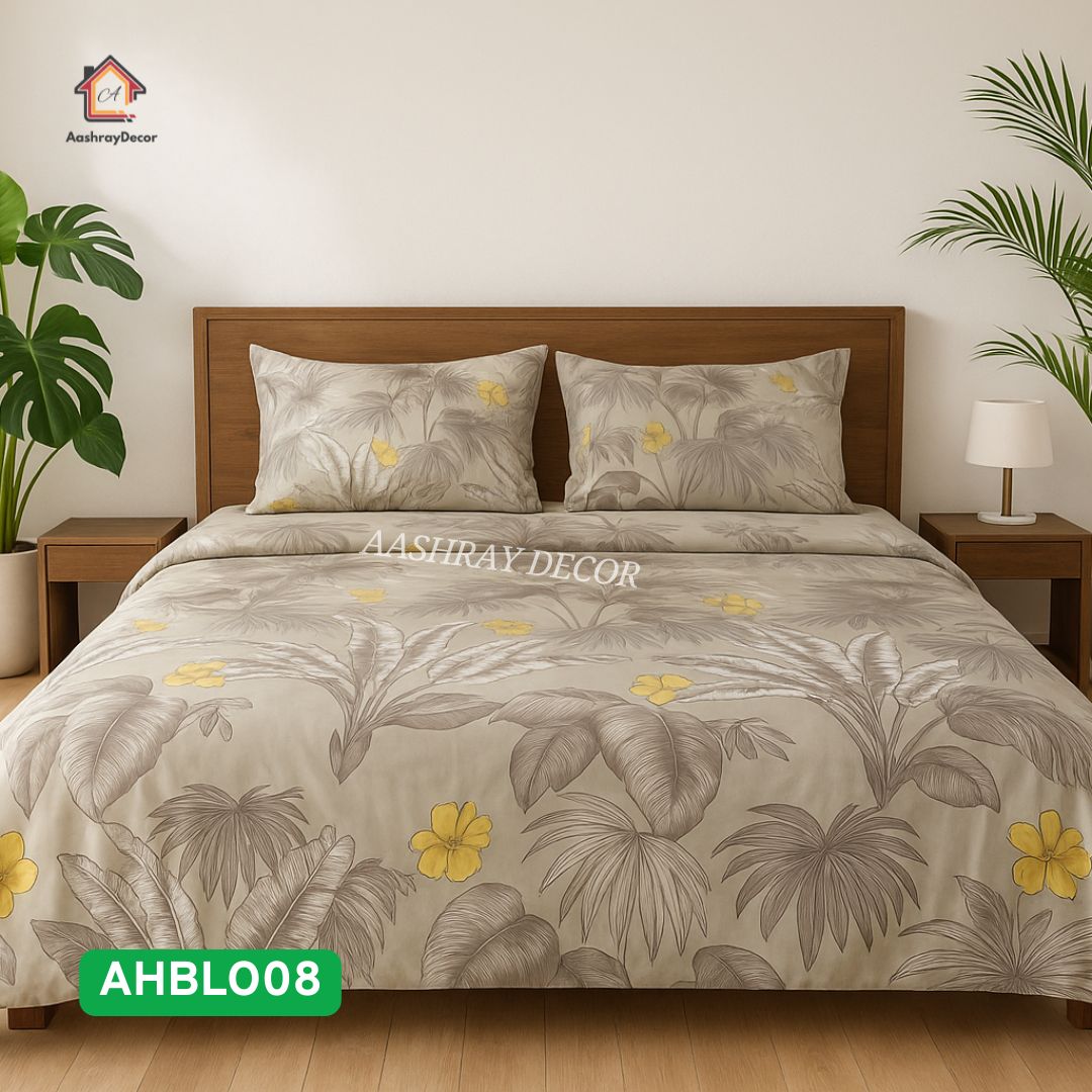 King Size 100% Pure Cotton Bedsheet | Beige & Yellow Tropical Floral Print | 275x275 cm | AHBLO08 | Soft & Breathable | 2 Pillow Covers