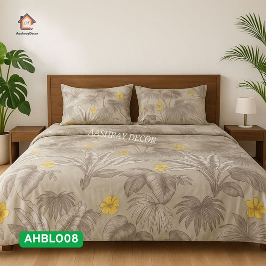 King Size 100% Pure Cotton Bedsheet | Beige & Yellow Tropical Floral Print | 275x275 cm | AHBLO08 | Soft & Breathable | 2 Pillow Covers