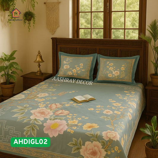 Aashray Decor Premium Cotton Floral Digital Printed Super King Size Bedsheet with 2 Pillow Covers – Soothing Teal Blossom (AHDIGL02)