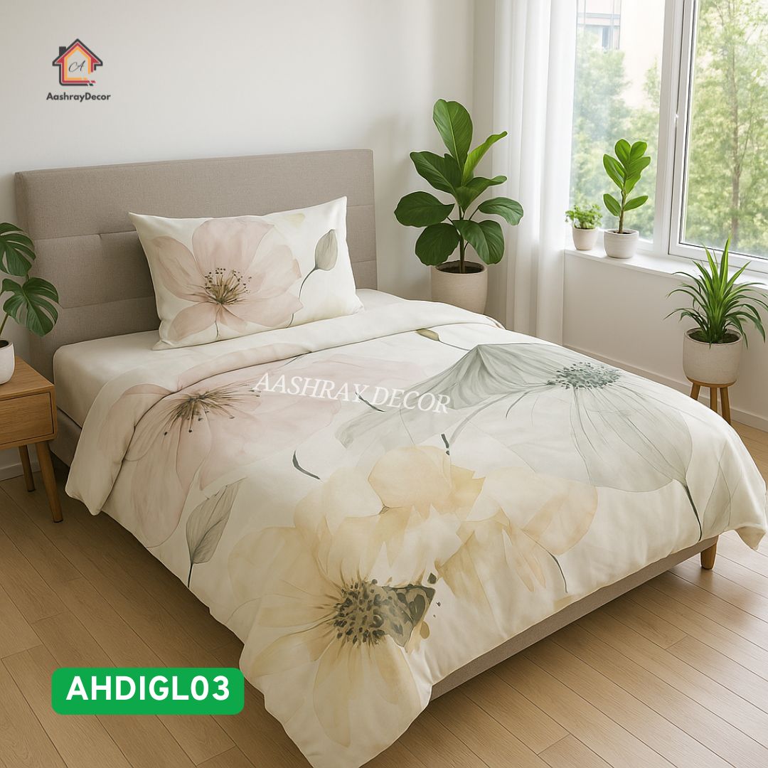 Aashray Decor Premium Digital Printed King Size Cotton Bedsheet with 2 Pillow Covers – Elegant White & Blush Pastel Floral – 275x290 cm (AHDIGL03)
