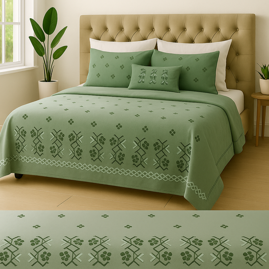Aashray Decor Premium Embroidered Cotton Bedsheet Set - 275 x 275 cm | Green Elegance | With 2 Matching Pillow Covers (AHEMB02)