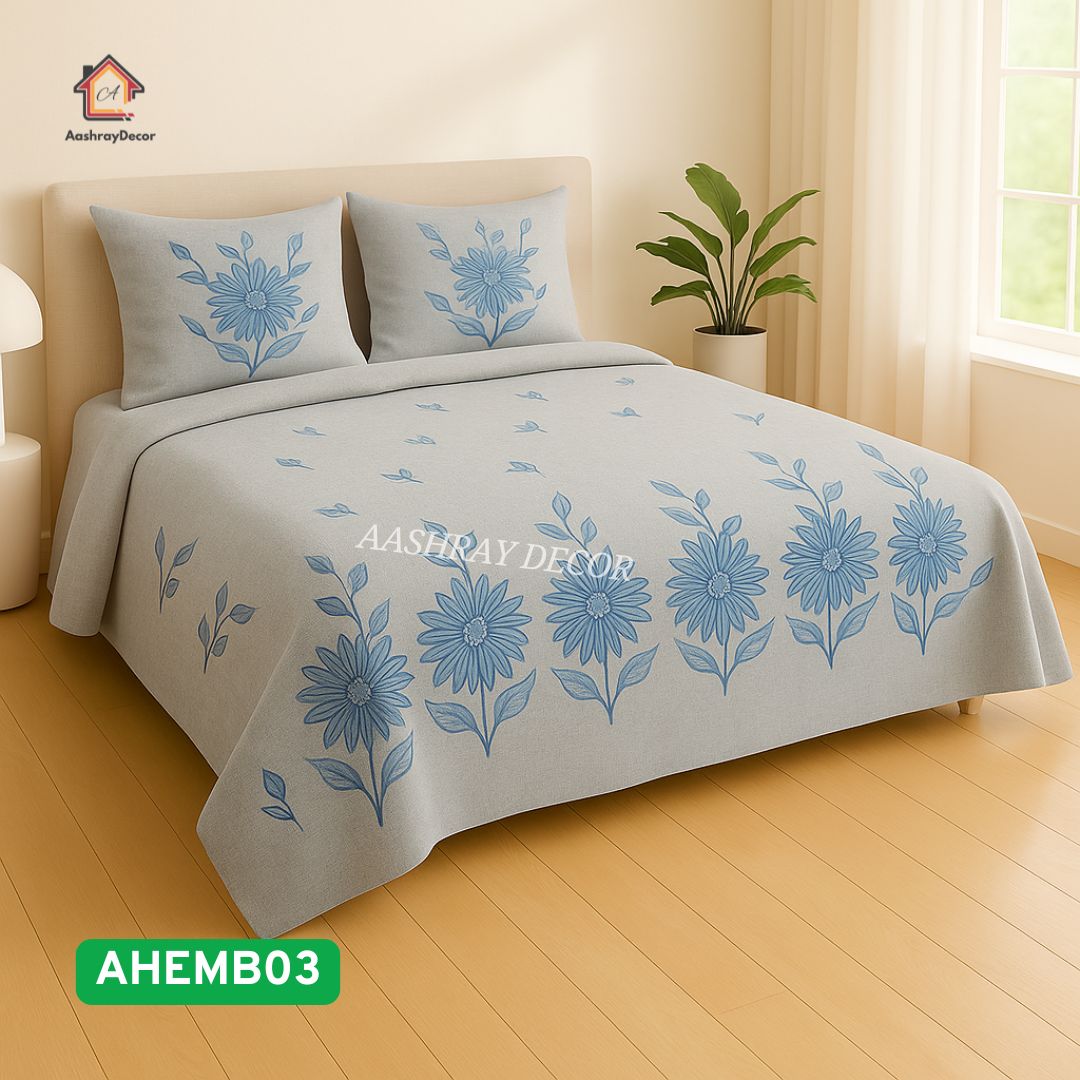 Designer Embroidered Bedsheet – Premium 100% Cotton | Soft Grey Base with Sky Blue Threadwork | 275x275 cm
