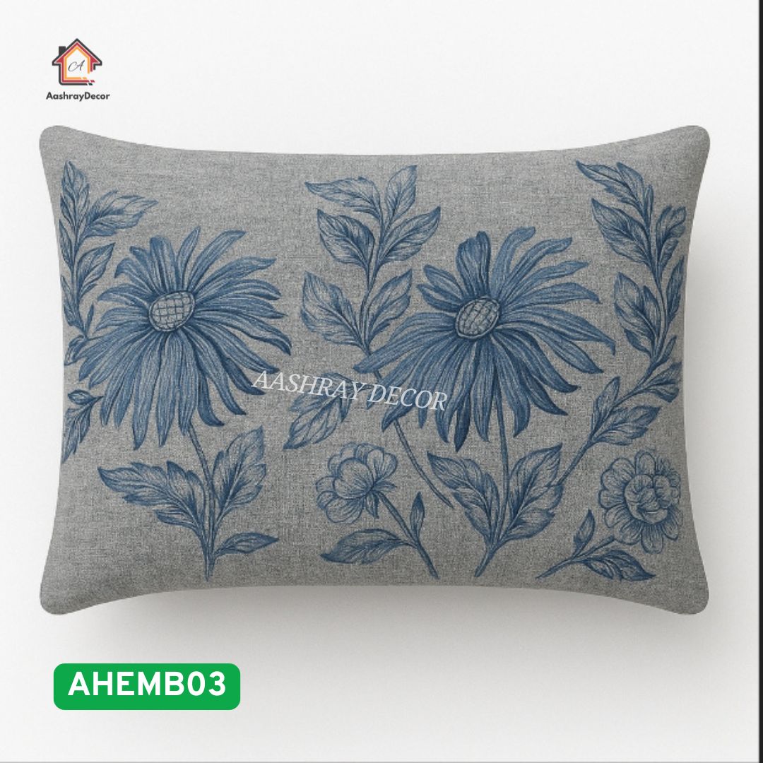 Designer Embroidered Bedsheet – Premium 100% Cotton | Soft Grey Base with Sky Blue Threadwork | 275x275 cm