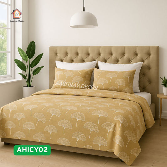 Aashray Decor 100% Cotton Super King Size Bedsheet with 2 Pillow Covers – Ginkgo Leaf Print – Mustard Yellow – Soft, Elegant & Breathable – AHICY02