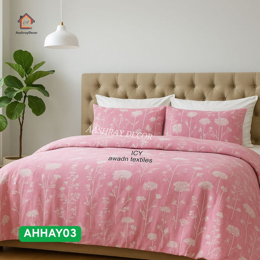 Aashray Decor 100% Cotton Double Bedsheet with 2 Pillow Covers – Soft Pink with Delicate Floral Print – Elegant & Skin-Friendly – AHHAY03