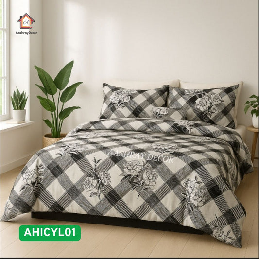 Premium 100% Cotton Bedsheet – Classic Monochrome Checks with Floral Accents | Super King Size 275x290 cm | AHICYL01