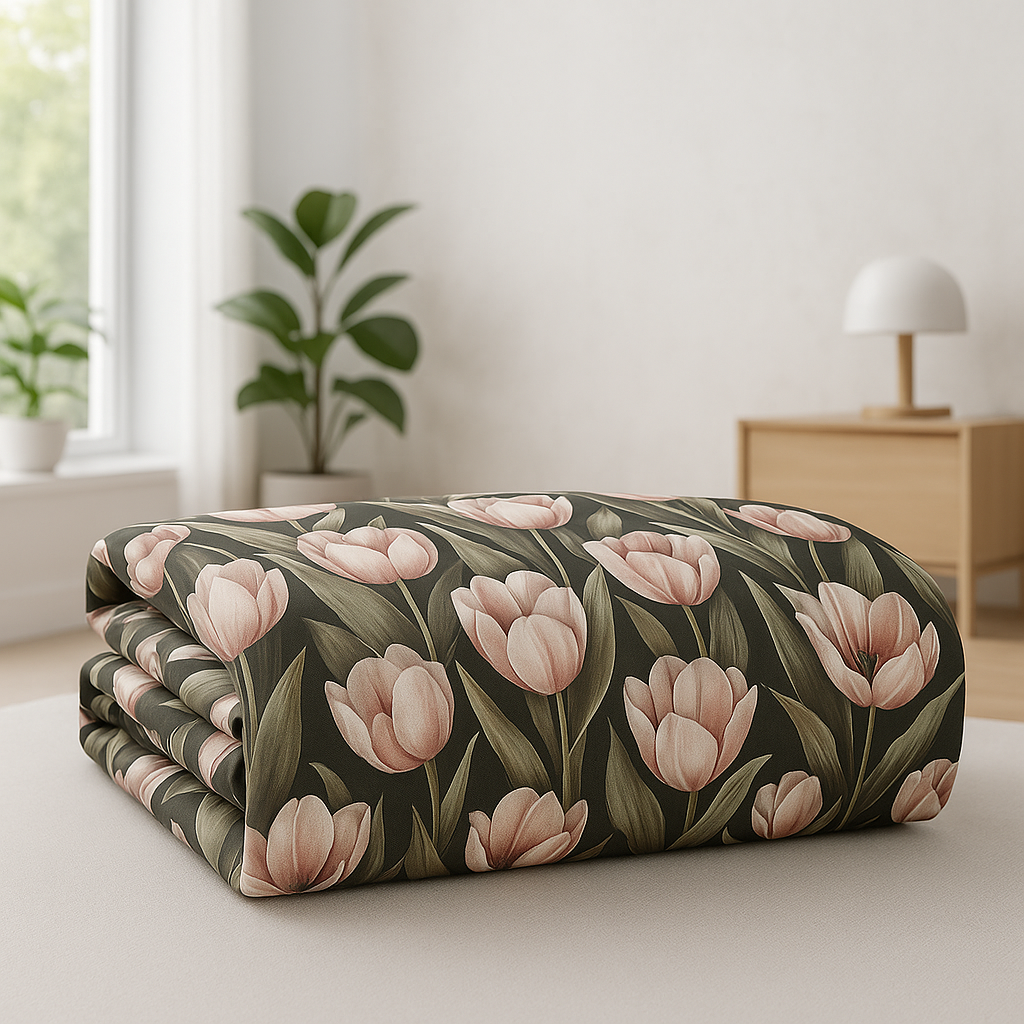 King Size 100% Pure Cotton Bedsheet | Hand-Painted Tulip Print | Charcoal Base | 275x275 cm | AHLIN02 | Soft, Breathable & Elegant
