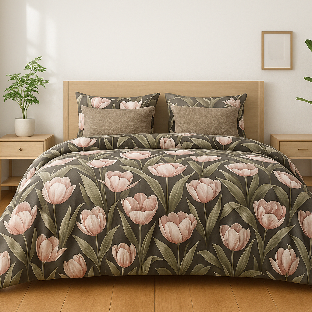 King Size 100% Pure Cotton Bedsheet | Hand-Painted Tulip Print | Charcoal Base | 275x275 cm | AHLIN02 | Soft, Breathable & Elegant