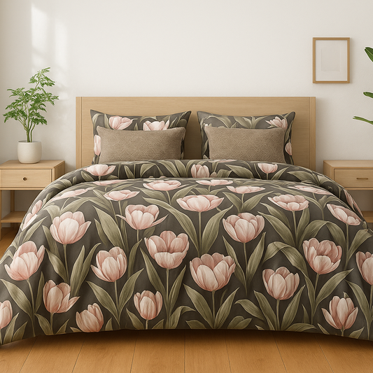 King Size 100% Pure Cotton Bedsheet | Hand-Painted Tulip Print | Charcoal Base | 275x275 cm | AHLIN02 | Soft, Breathable & Elegant