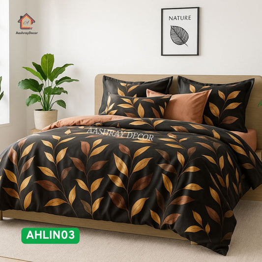 100% Pure Cotton King Size Bedsheet | Earthy Leaf Print on Charcoal Black Base | 275x275 cm | AHLIN03 | Premium Luxury Look