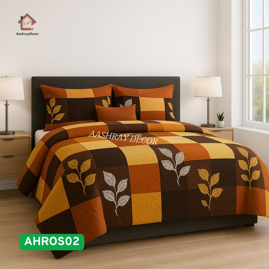 100% Pure Cotton Super King Size Bedsheet | Autumn Block Leaf Print | 275x290 cm | AHROS02 | Warm & Earthy Design