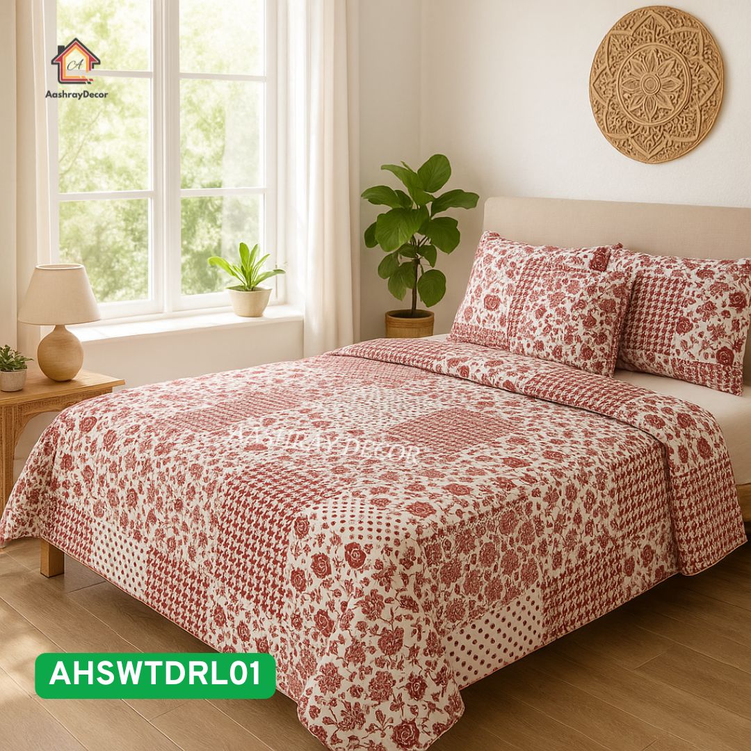 Aashray Decor 100% Cotton Double Bedsheet with 2 Pillow Covers – Soft, Breathable, Floral Design
